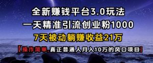 全新赚钱平台3.0玩法一天精准引流创业粉1000.7天被动躺Z收益21W【仅揭秘】-星河轻创
