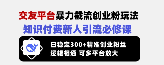 交友平台暴力截流创业粉玩法，知识付费新人引流必修课，日稳定300+精准创业粉丝，逻辑相通可多平台放大-星河轻创