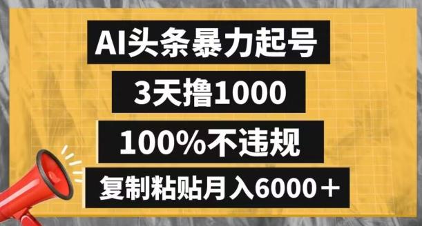 AI头条暴力起号，3天撸1000,100%不违规，复制粘贴月入6000＋【揭秘】-星河轻创