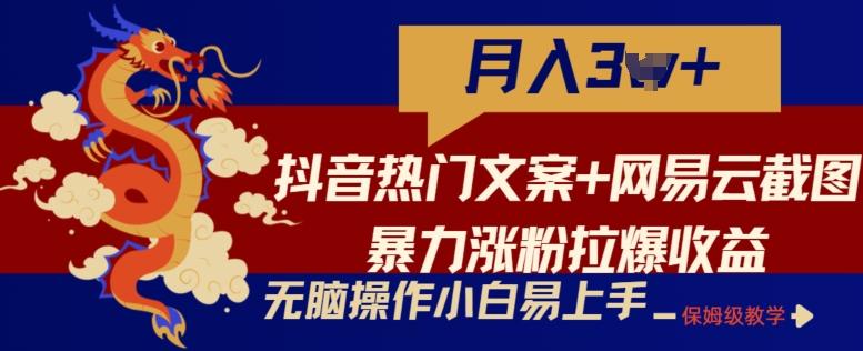 抖音热门文案+网易云截图暴力涨粉拉爆收益玩法，小白无脑操作，简单易上手【揭秘】-星河轻创